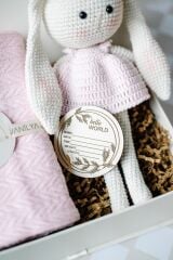 Kız Bebek Amigurumi Tavşan Hediye Seti-Pembe