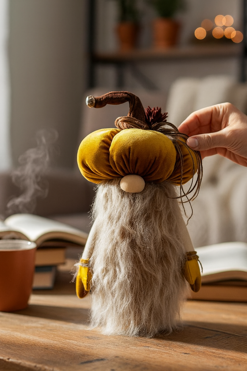 Dekoratif Şans Cücesi Kitap Tutucu Ev Ofis Salon Dekoru-Pumpkin Head Hardal 50 cm