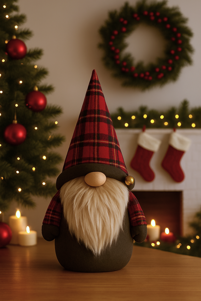 Dekoratif Şans Cücesi Kitap Tutucu Ev Ofis Salon Dekoru-Yılbaşı Cücesi Ekoseli-Golden Bell 35 cm