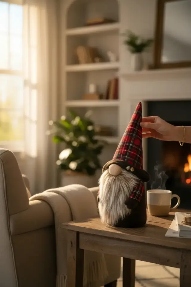 Dekoratif Şans Cücesi Kitap Tutucu Ev Ofis Salon Dekoru-Yılbaşı Cücesi Ekoseli-Golden Bell 35 cm