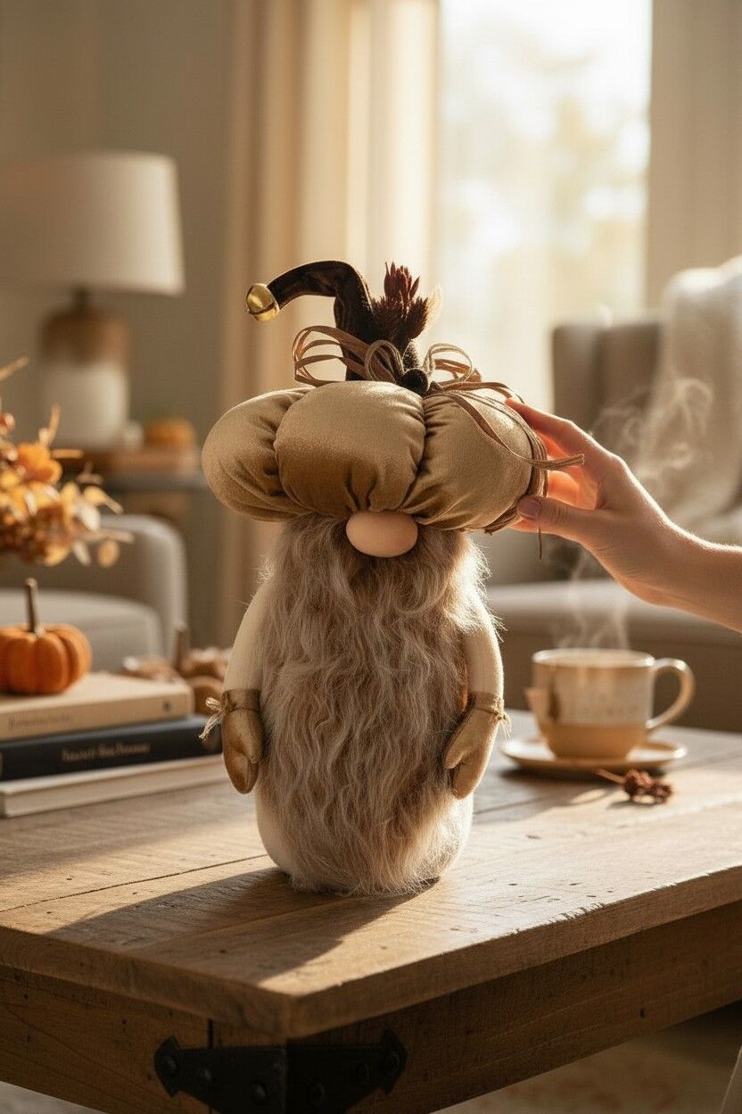 Dekoratif Şans Cücesi Kitap Tutucu Ev Ofis Salon Dekoru-Pumpkin Head Krem/Bej 50 cm