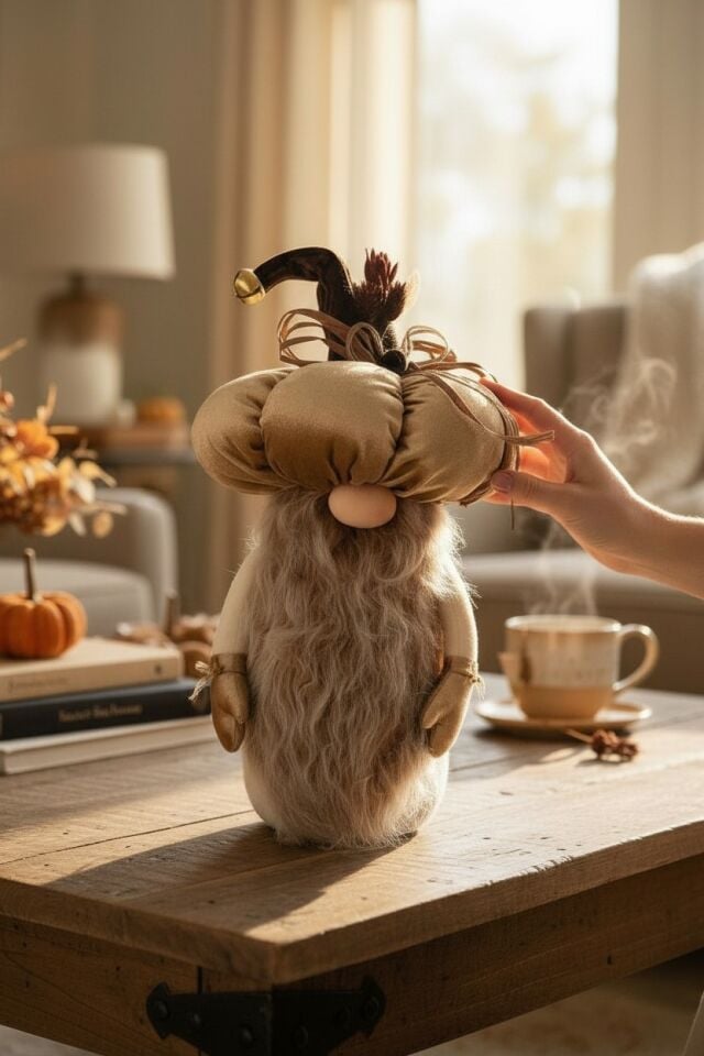 Dekoratif Şans Cücesi Kitap Tutucu Ev Ofis Salon Dekoru-Pumpkin Head Krem/Bej 50 cm