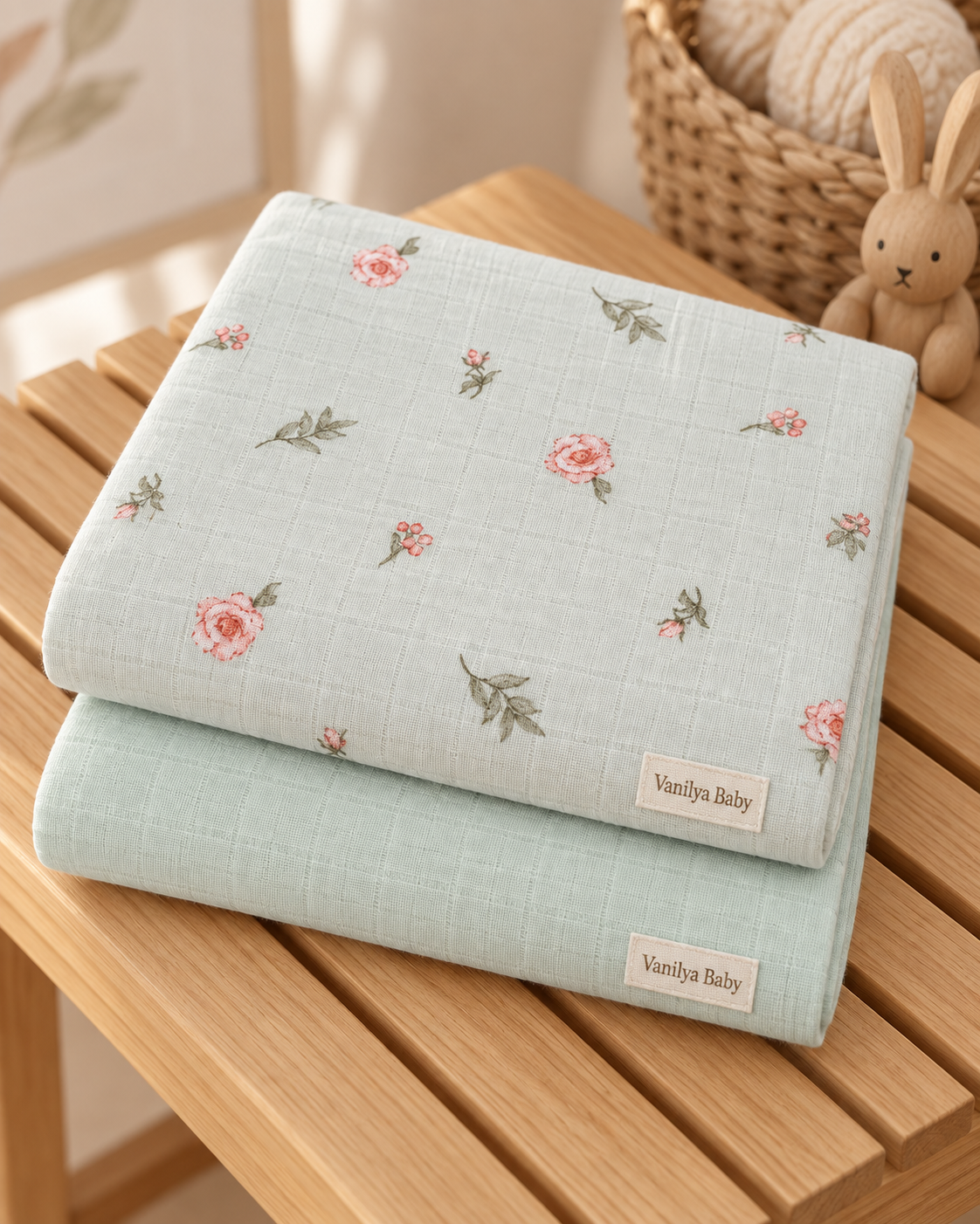 Çok Amaçlı Bebek Müslin Örtü Seti 2'li - Mint and Rose