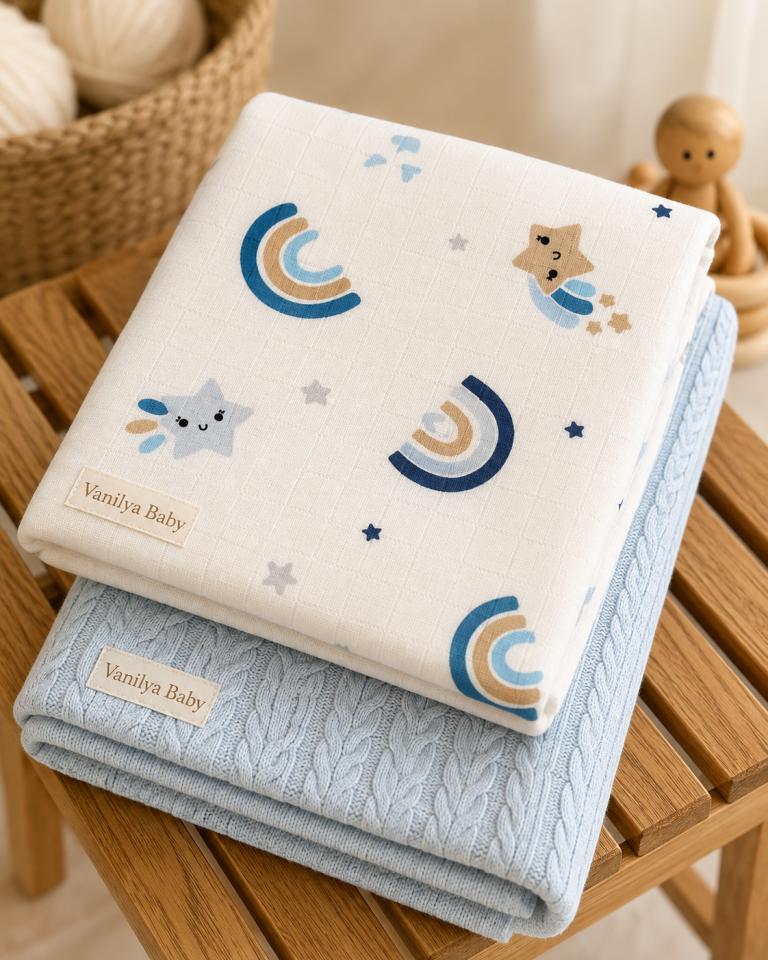 Bebek Müslin Örtü ve Battaniye Seti - Blue Rainbow