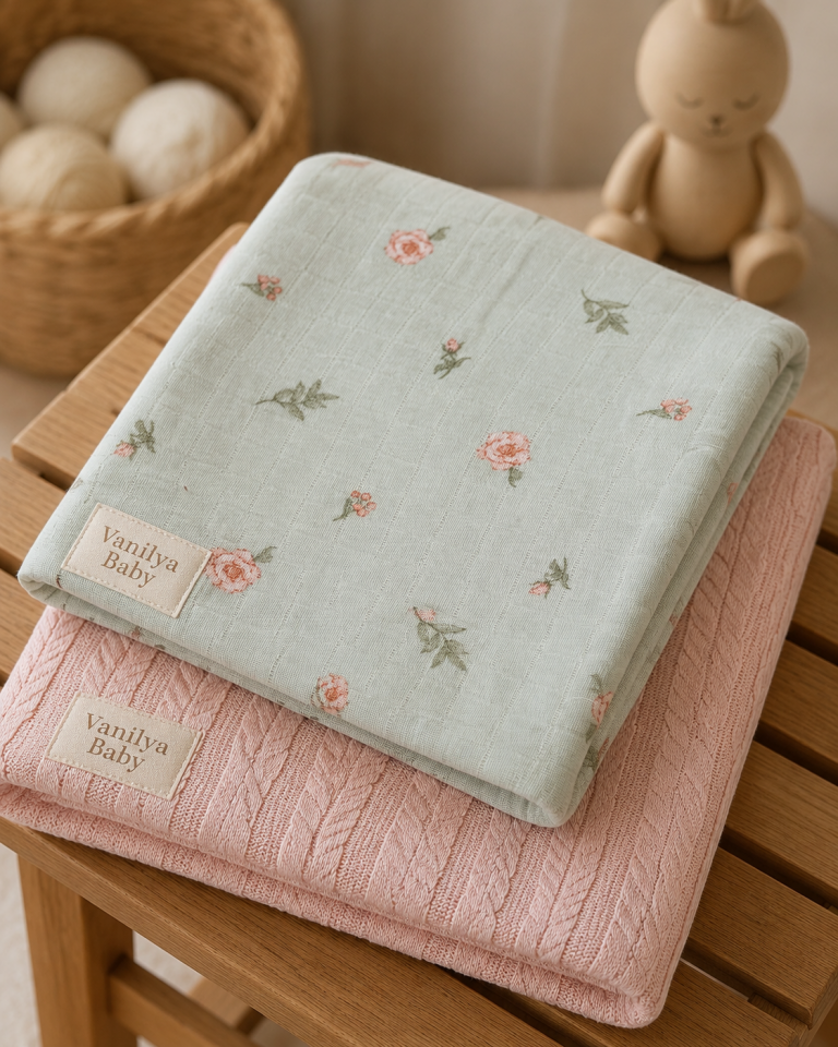 Bebek Müslin Örtü ve Battaniye Seti - Mint and Rose