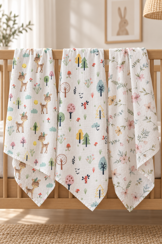 Çok Amaçlı Bebek Müslin Örtü Seti 3'lü - Woodland Bloom