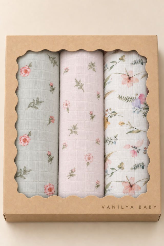 Çok Amaçlı Bebek Müslin Örtü Seti 3'lü - Blush Garden