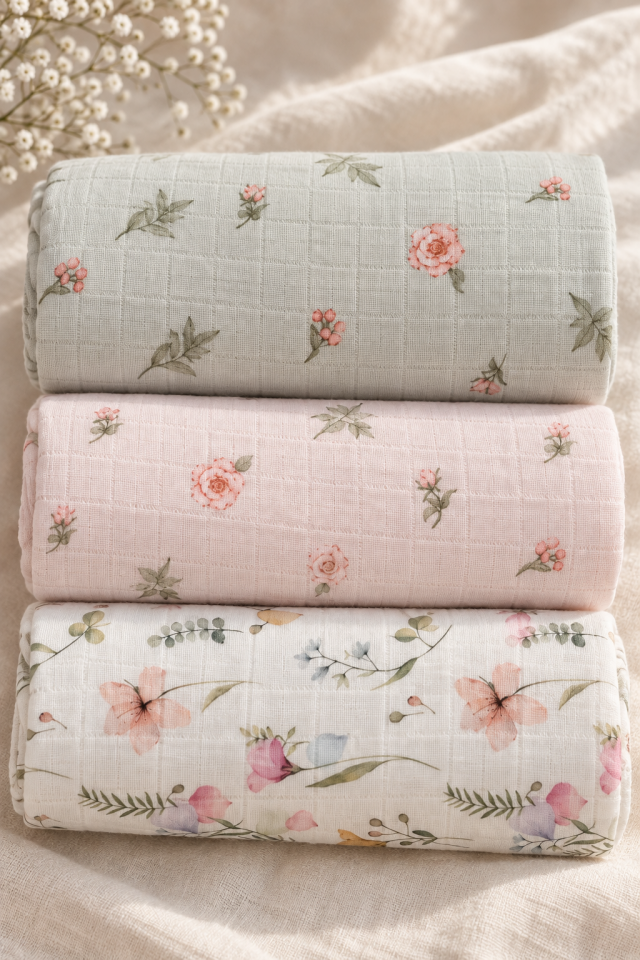 Çok Amaçlı Bebek Müslin Örtü Seti 3'lü - Blush Garden