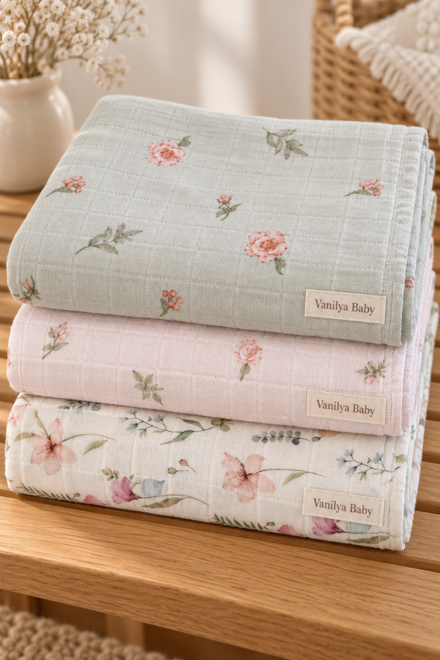 Çok Amaçlı Bebek Müslin Örtü Seti 3'lü - Blush Garden